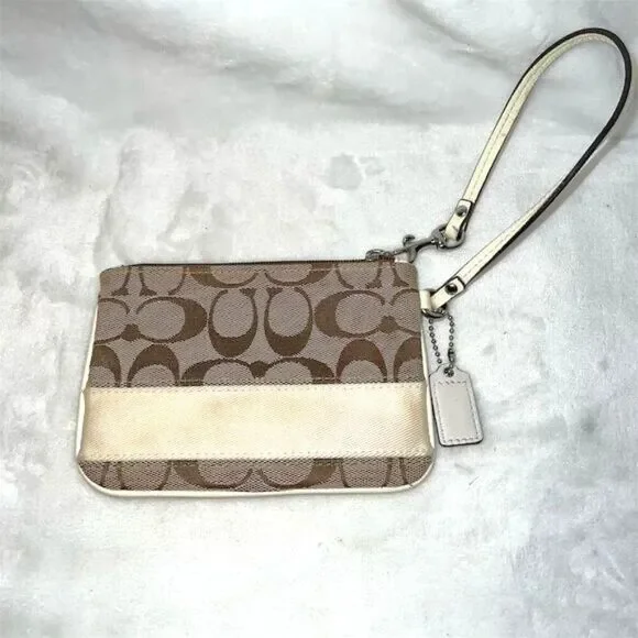 Coach Signature Tan Brown Wristlet Monogram Cream Accent Wristlet - Picture 3 of 11